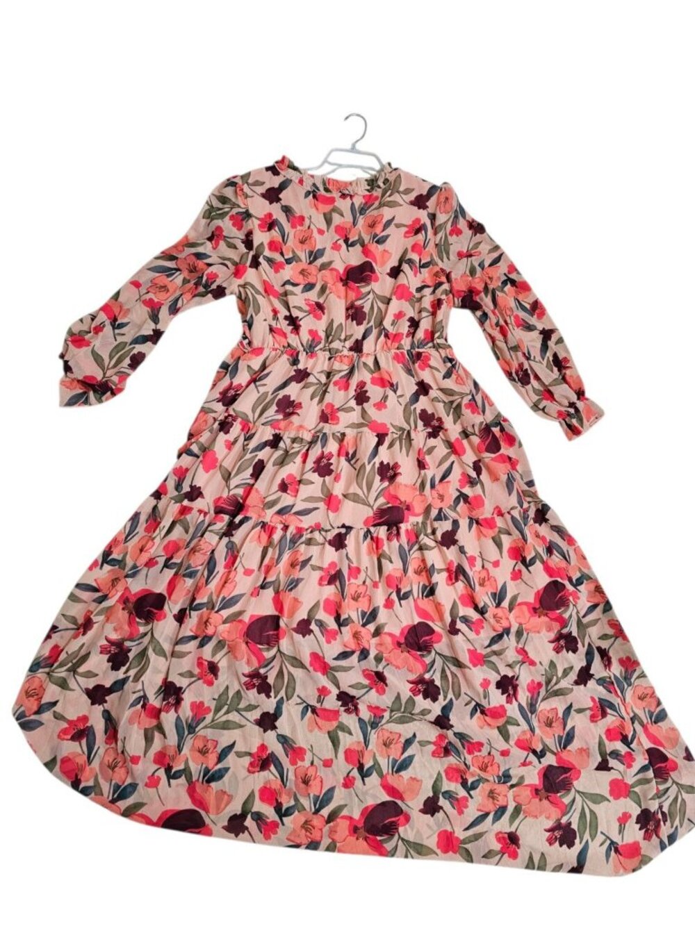 Boutique Womens L Maxi Dress Pink Chiffon Floral Tiered Gown Iconic Cottagecore - Picture 3 of 5